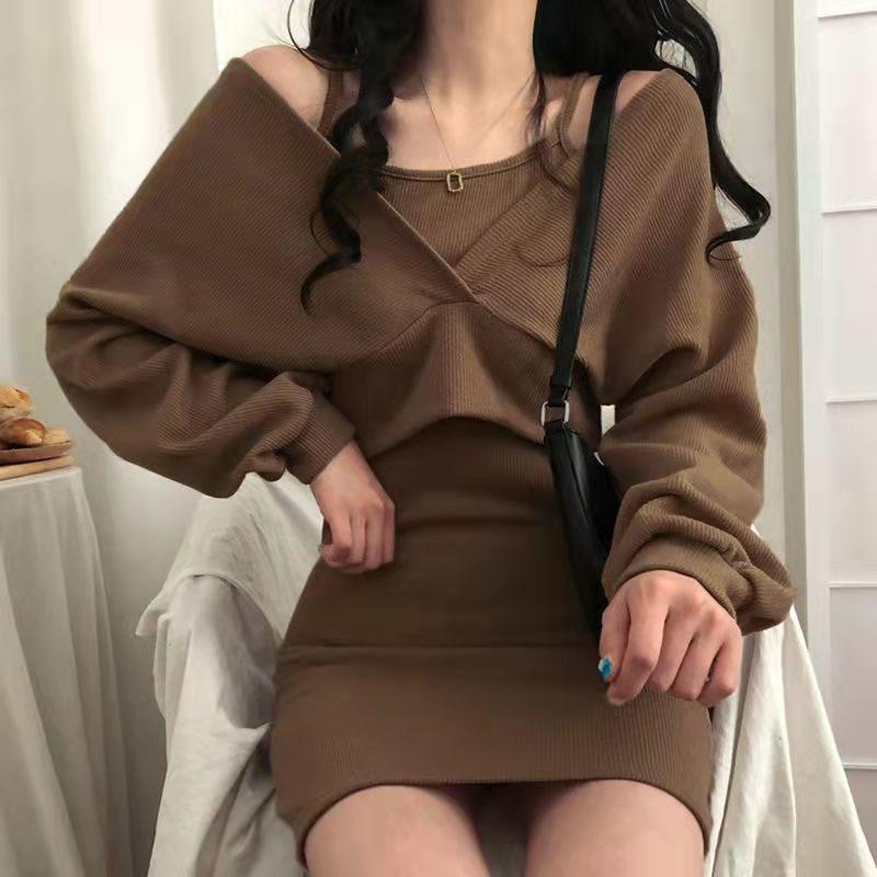 Französisches Elegantes Anzug-Trägerkleid Langarm Einfarbig Party Sexy Bodycon Damenkleid Herbst Winter Damenkleid Y2K