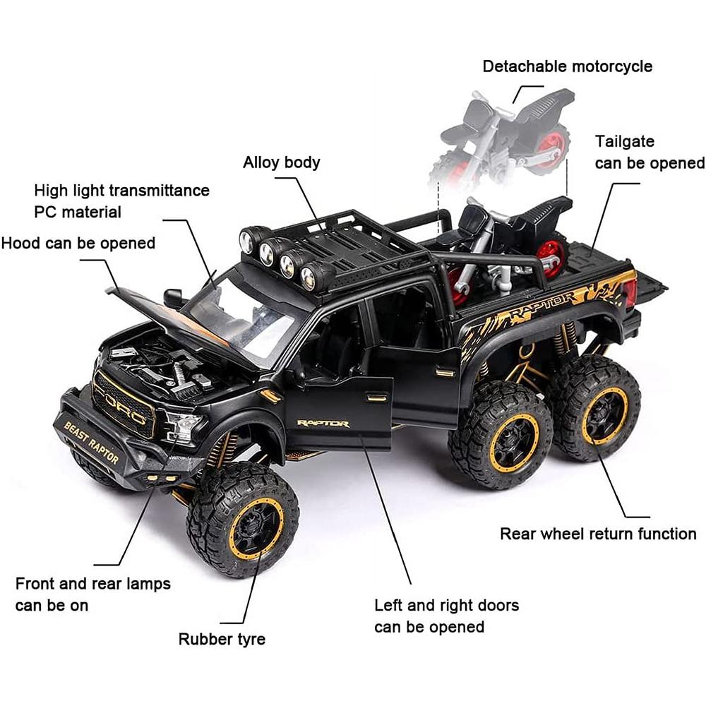 1/24 Scale Toy Pickup Trucks, Truck Toy, Ford F150 Diecast Metal Pickup with Sound and Light, 6x6 Off-Road Pull Back Trucks with Motorcycle for Kids
