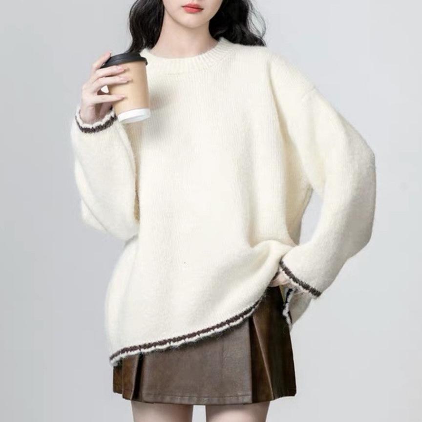 New Plus Size Colorblock Knitted Sweater: Cozy Autumn/Winter Casual Round Neck Pullover for Women