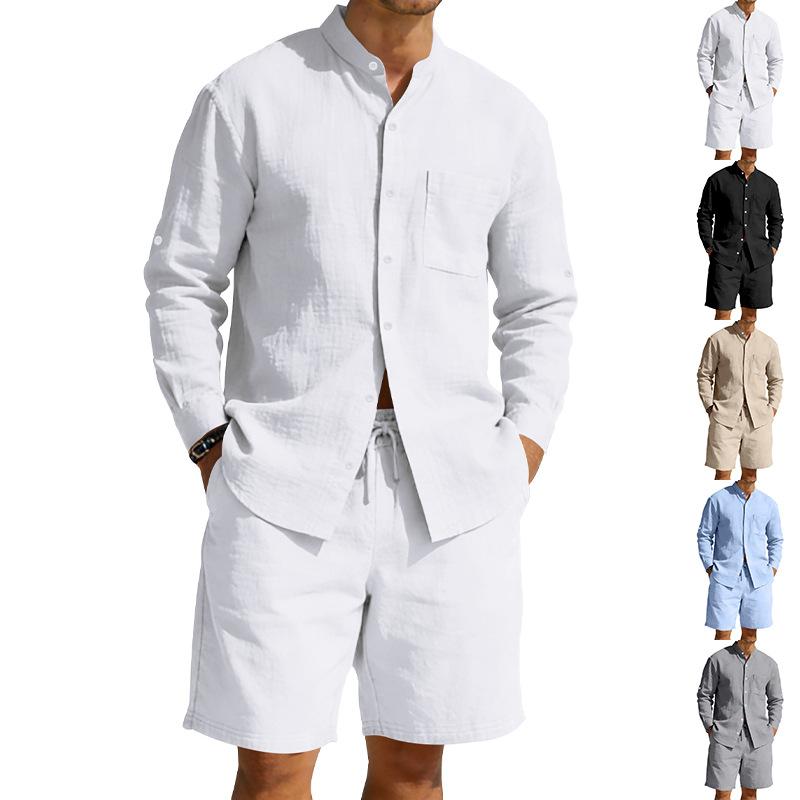 Mens American Style Casual Loose Long Sleeve Shirt And Shorts Set