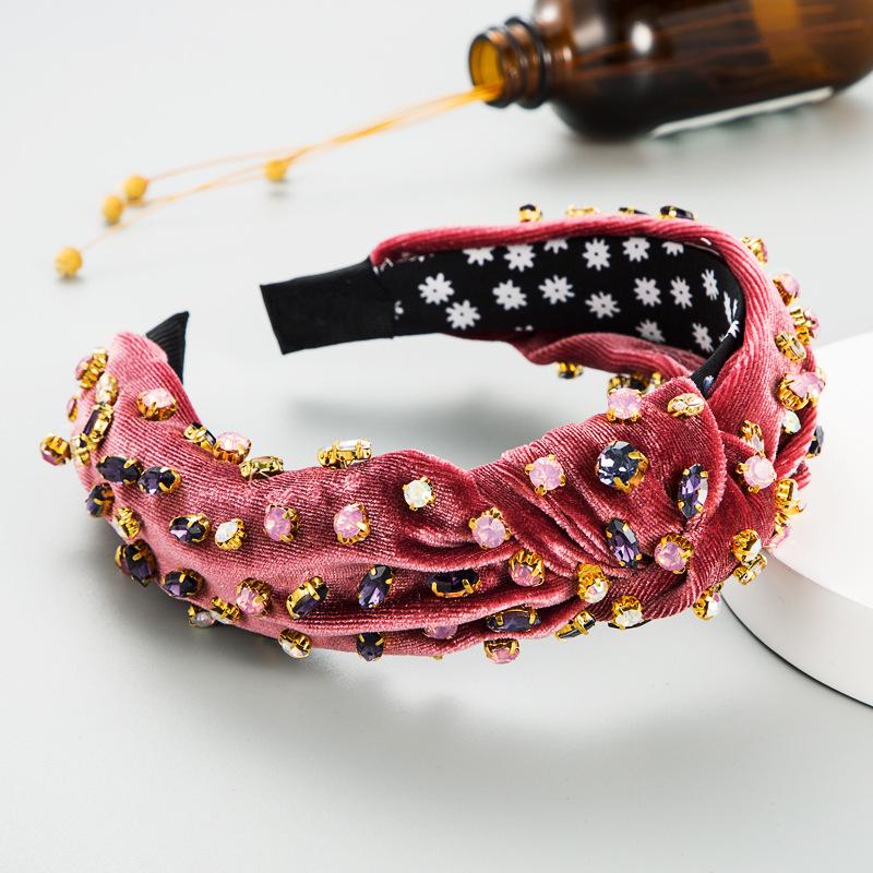 Harmonious Rhinestone Knotted Corduroy Headband: European & American Fashion, Wide-Brimmed, Sweet & Exaggerated Style for Women