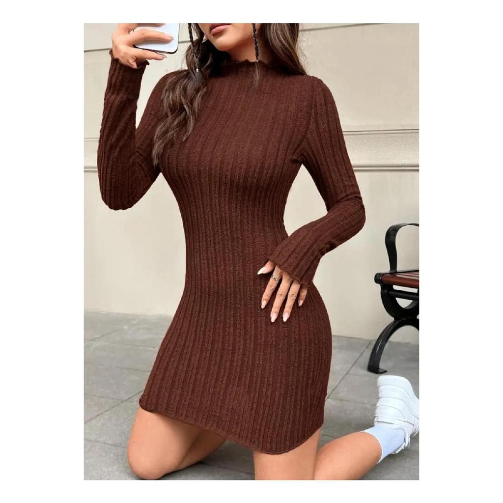 Rochie de damă cu guler înalt din velur lycra, bumbac, sezonieră și iarnă