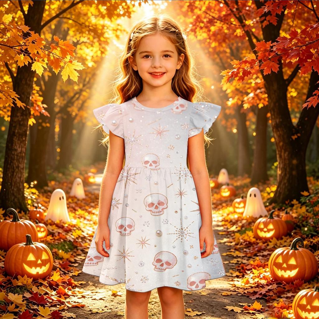 Kids Casual Halloween Printed Sleeve Dress for Party and Holiday