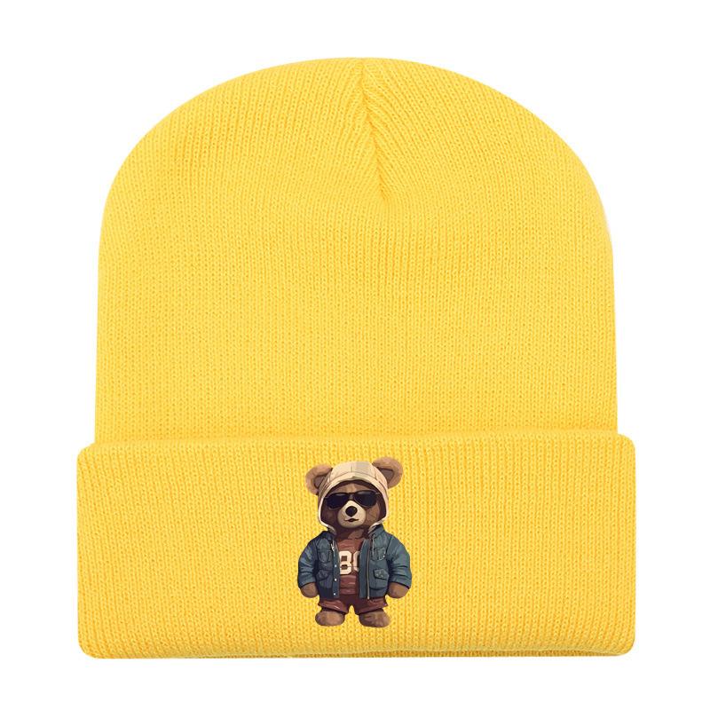 European and American New Autumn and Winter Hats, Women's Bear Printed Knitted Hats, Sleeves, Outdoor Warm Wool Hats, Men