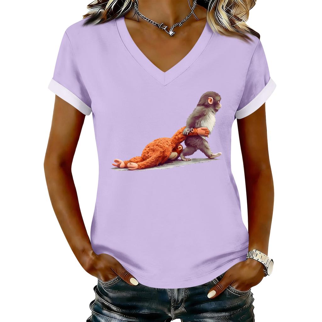 Women's Casual Printed T-Shirt V Neck Pullover Short Sleeve Top