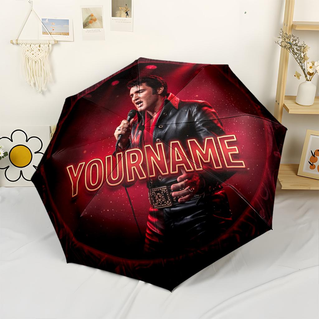 Elvis Personalisierter Textschirm Kompakter Reise-Automatikschirm Kompakt Langlebig 8-Rippen Faltbares Design für den Außenbereich Tägliche Nutzung Modisches Accessoire