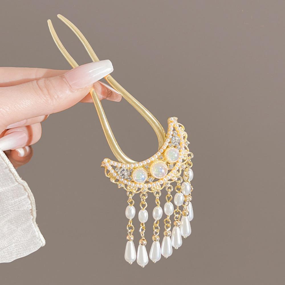 

1pc U Shaped Hair Sticks Forks Pearls Tassel Pendant Decor Ancient Chinese Style Hair Bun Maker Shiny Rhinestone Designs