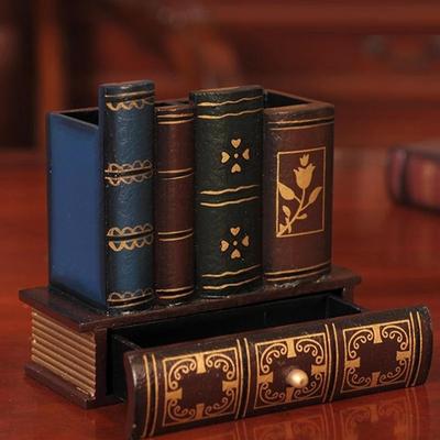 Book Shaped Wooden Pen Holder Desk Organizer for Pencils And Brushes