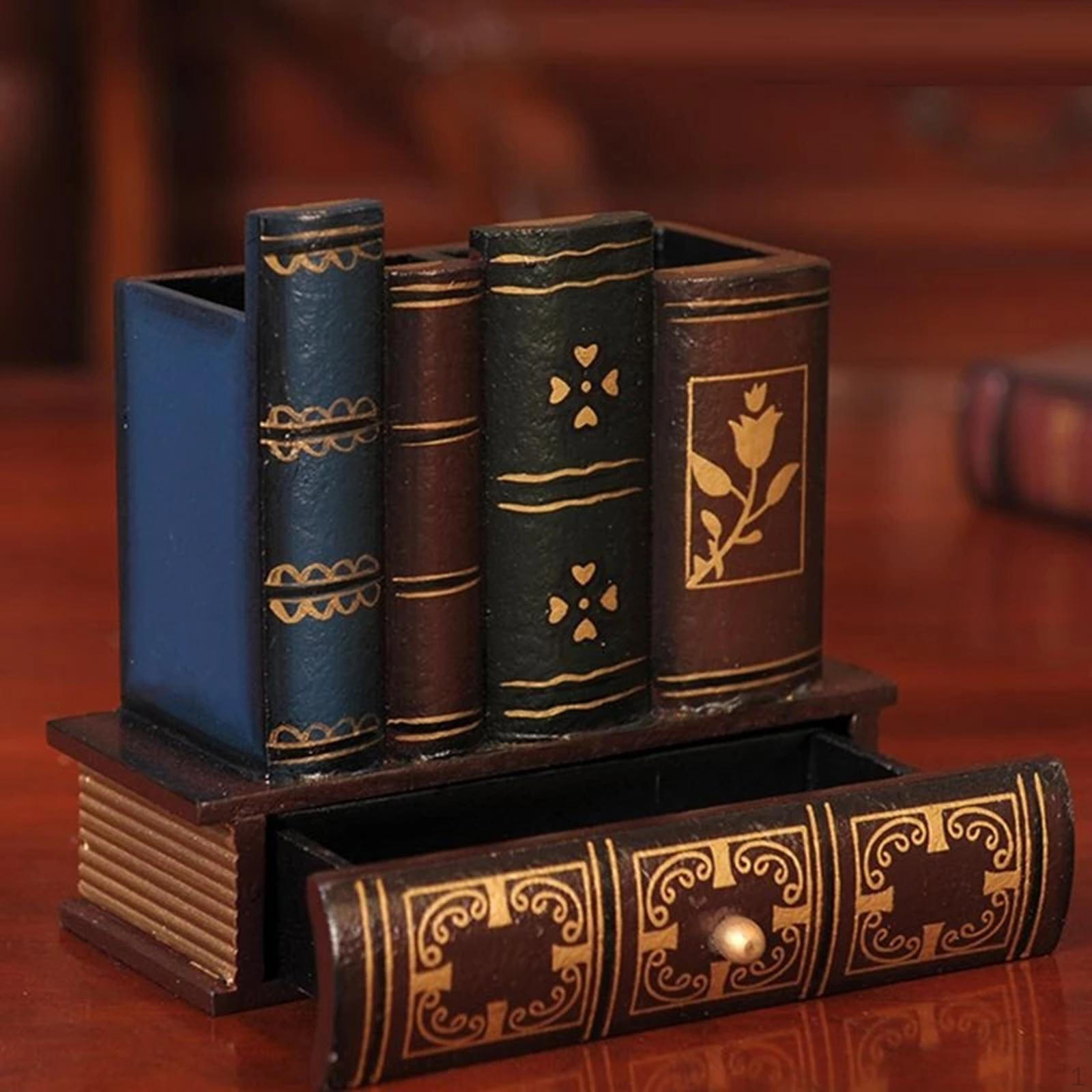 

Book Shaped Wooden Pen Holder Desk Organizer for Pencils And Brushes 15x6.5x14CM