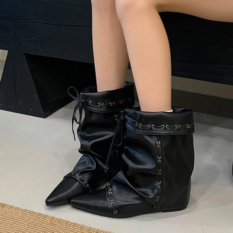 Fashion Liyke Winter Street Style Woman Design Drawstring Lace Up Ankle Boots Fashion Inside Height Increasing Women Western Cowboy Shoe