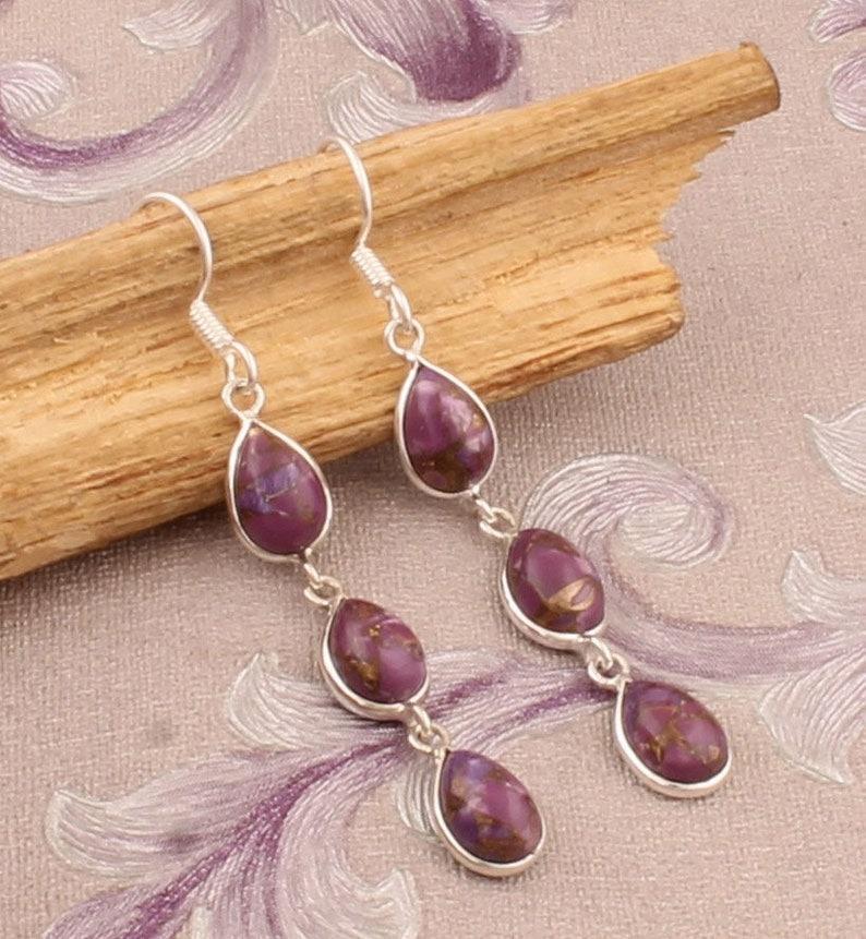 Solid 925 Sterling Silver Purple Copper Turquoise Gemstone Women Dangle Earrings Gift For Wife
