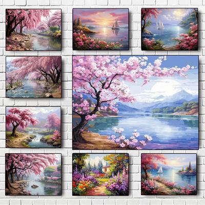 Landschaft Rosa Sakura Baum 5D Diamant Malerei Sammlung Haus Segelboot Mosaik Diy Stickerei Bild Wanddekoration