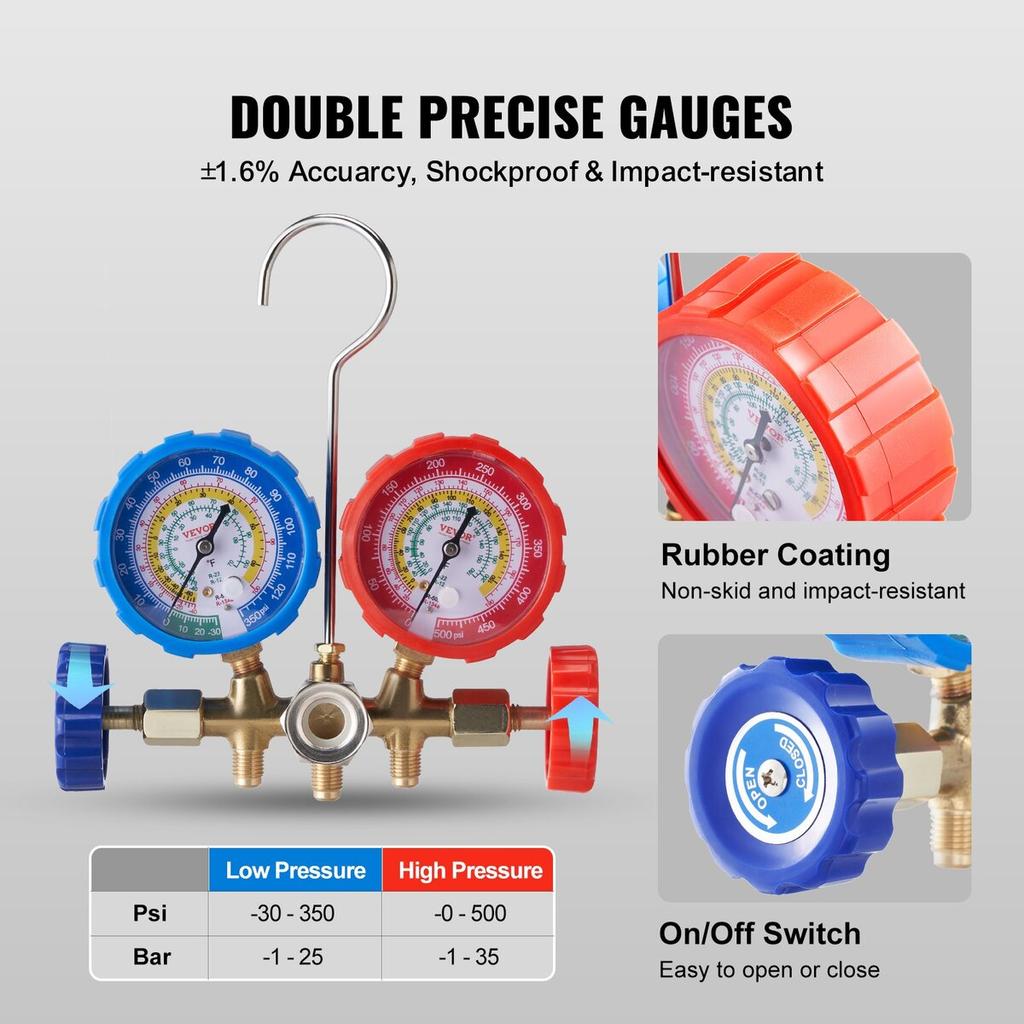 3-Way AC Diagnostic Manifold Gauge Set Fits for R134A, R22, R12, R502 Refrigerant, AC Gauge Set with 5 ft Hoses, Couplers, Can Tap for Car A/C System