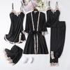 Women's Sexy Spring & Autumn Silk Pajamas 5-Piece Set: Thin Summer Ice Silk Nightdress & Robe with Chest Pad.