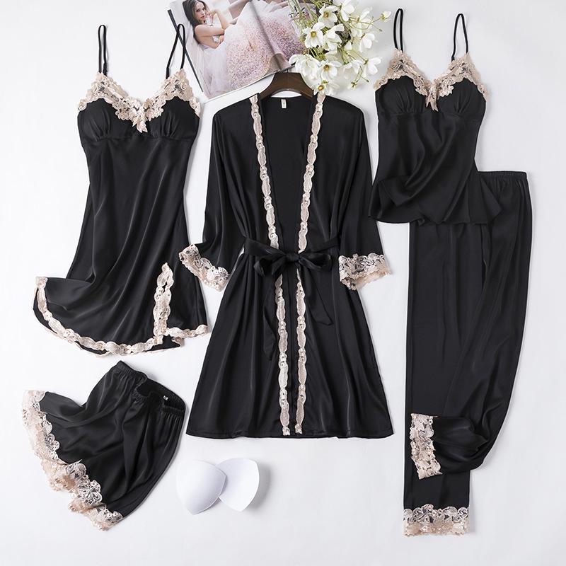 Women's Sexy Spring & Autumn Silk Pajamas 5-Piece Set: Thin Summer Ice Silk Nightdress & Robe with Chest Pad.