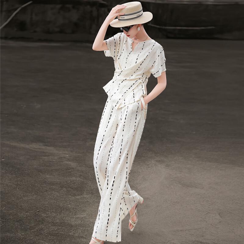 Lanseer Women's Striped Cross-Waist Top & Wide-Leg Pants Set