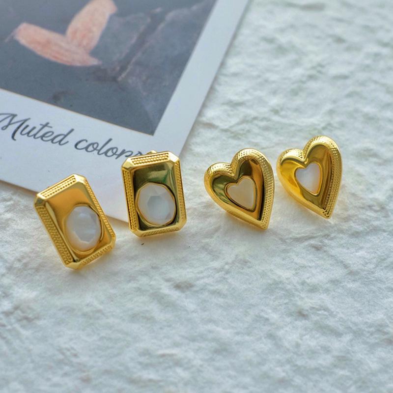 

French Retro Elegant Designer Asymmetric Inlaid Shell Heart Square Stud Earrings for Women