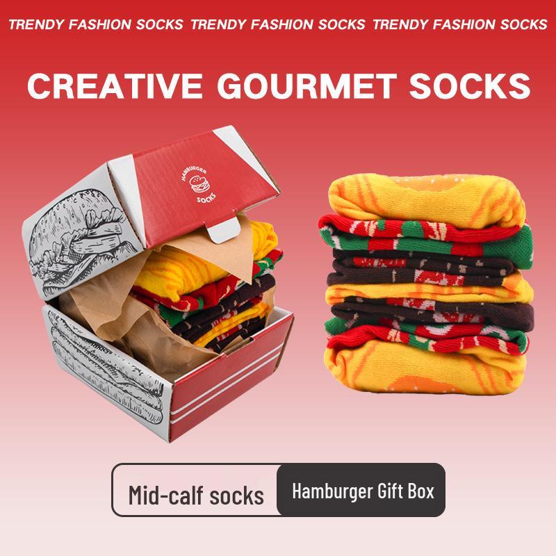 Hamburger Shape Mid-Calf Socks Gift Box - Creative Food Pattern for Men and Women