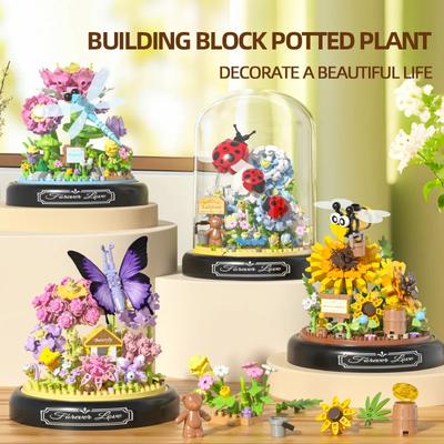 Set de blocuri de construcție cu flori de insecte, albină, fluture, plante, model de cărămizi în ghivece, set cu capac de praf, jucării de bricolaj pentru copii, cadouri de vacanță