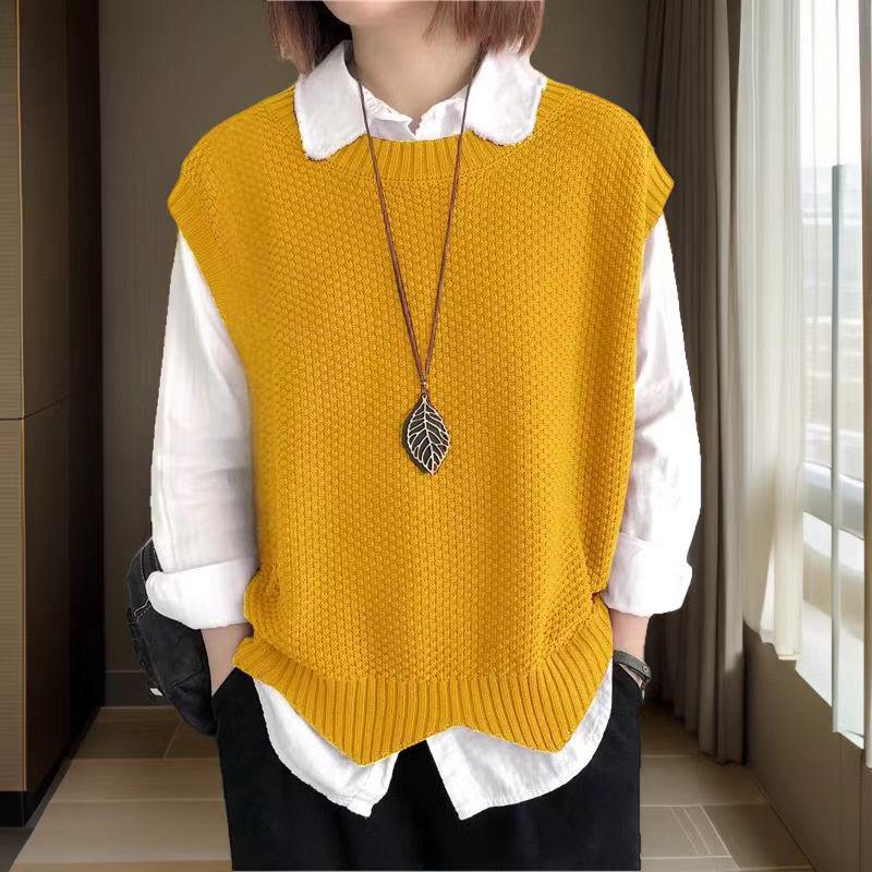 

Жіночий ретро в язаний жилет без рукавів з підплічниками - Пуловер вільного крою з нерівним низом, однотонний, з круглим вирізом (Колекція Весна/Осінь 2025) One Size