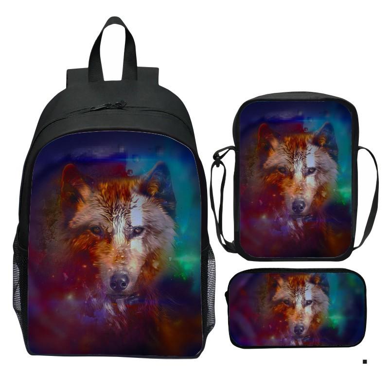 Bedruckter Universum Sternenhimmel Rucksack 3-teiliges Set Tier Wolf Löwe Rucksack Kleine Umhängetasche Federmäppchen