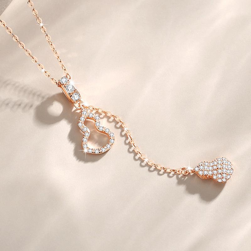 S925 Sterling Silver Double Fortune Gourd Necklace for Women - High-End Retro Design, Light Luxury Clavicle Chain S925 Silver розового золота