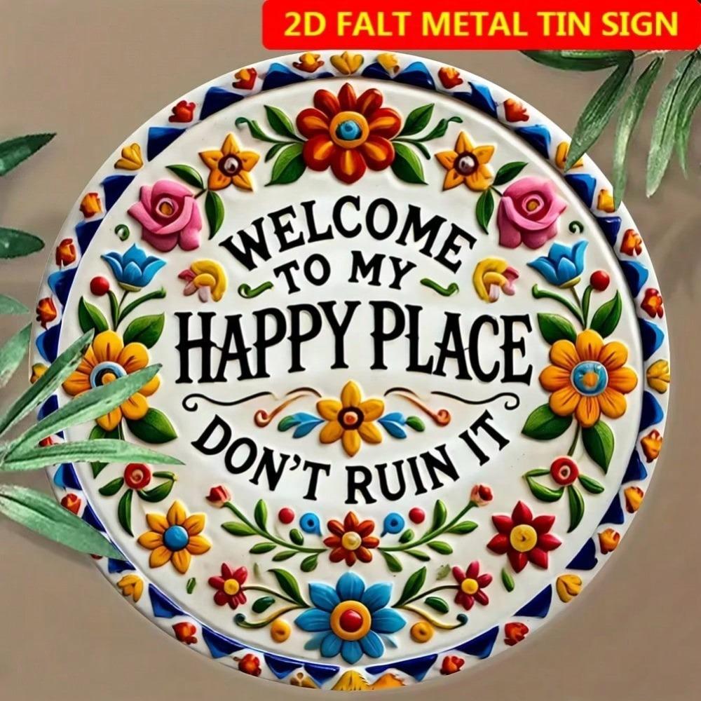 Floral Welcome Sign Round Metal Wall Art Home Decor Happy Place
