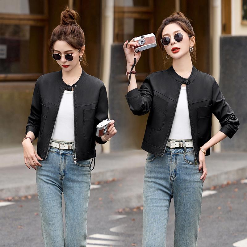 Women's Stand Collar Leather Jacket - Spring 2025 Collection, Small Size, High-End Versatile Design (Z88975)