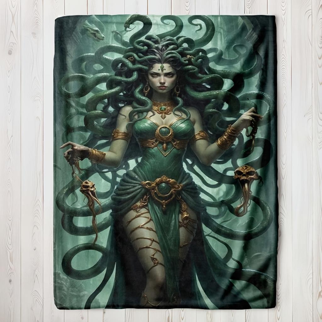1pc Medusa Fantasy Flannel Blanket, Soft Lightweight, All-Season Travel Office Throw, Mythological Design, Polyester