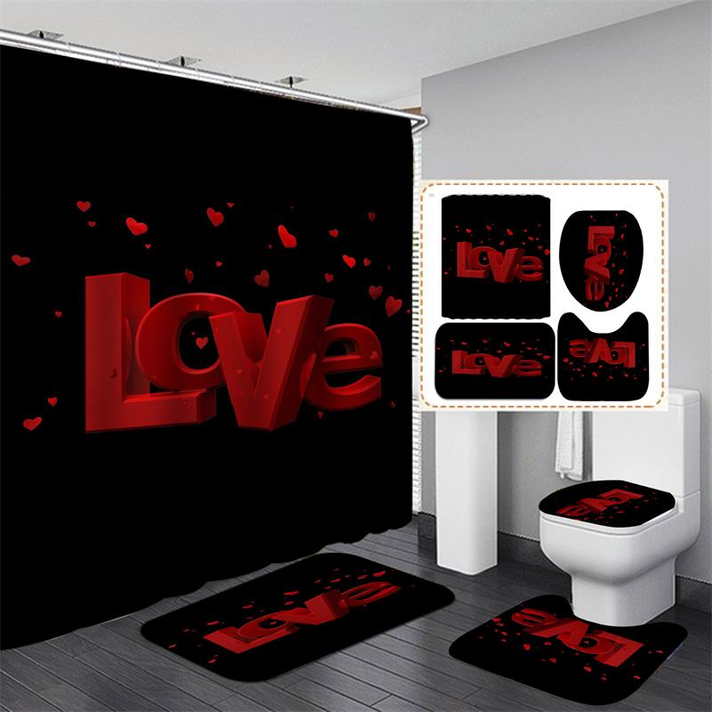 Valentine's Day Bathroom Bathing Waterproof Shower Curtain Home Entrance Doormat Bathtub 4Pcs Set Toilet Seat Cover Rugs Bath Non-Slip Floor Mat Love