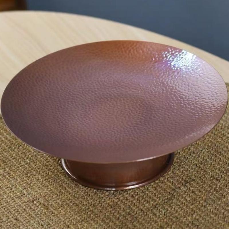Round Shape Red Copper Fruit Tall Feet Tray,Retro Engraving Hammer Texture Home Cheese 24 Cm Plate,Snack Disc Table Decoration