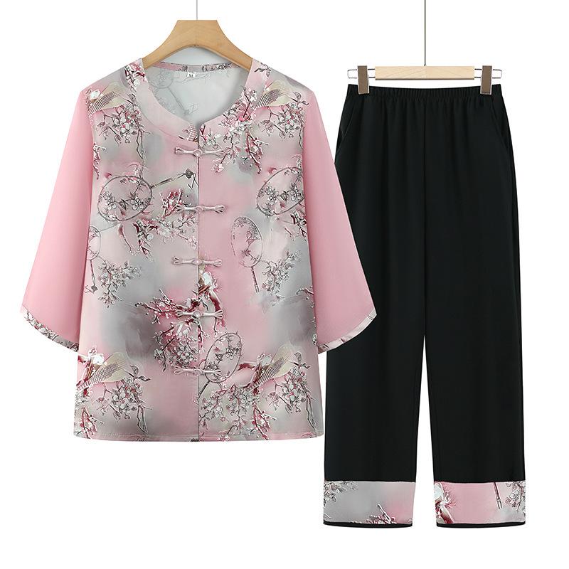 

Loose Two-Piece Printed Chinese-Style Summer Set for Elderly Women 2XL - 105-120 kg