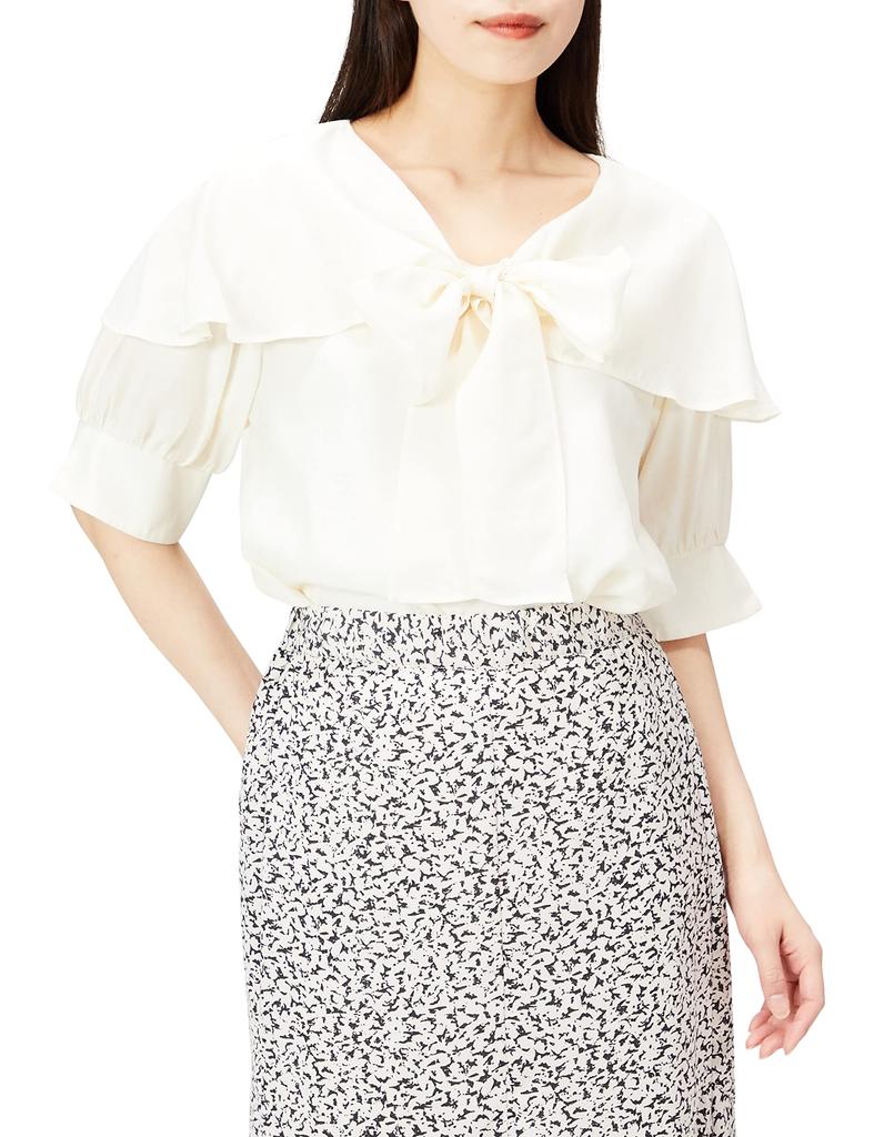 JILL by JILL STUART Women's Front Ribbon Cape-Style Blouse, 125-2110028, Ecru, FR
