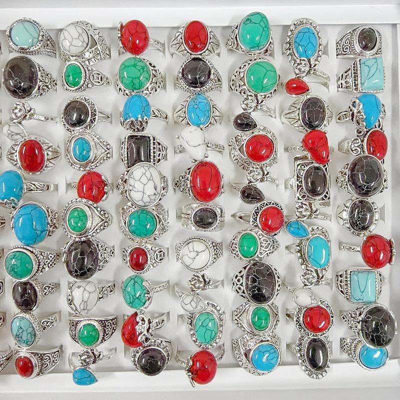 10 Stück Damen Vintage geometrischer Türkisring - Grüner Türkisring für den Zeigefinger, Schmuckzubehör