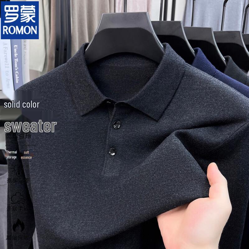 ROMON Men's Casual Long-Sleeve Knit Polo Sweater