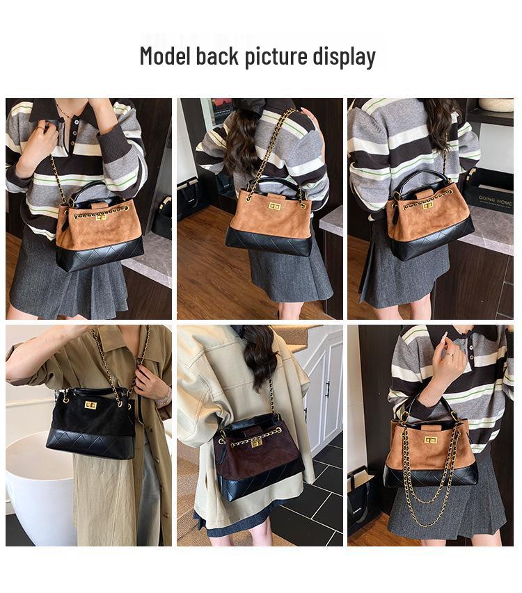 Brown Korean Style Quilted Suede Tote Bag with Adjustable Chain Strap