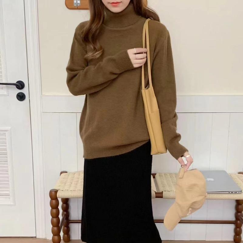turtleneck solid color pullover sweater women's autumn and winter new loose lazy bottomed knitted sweater