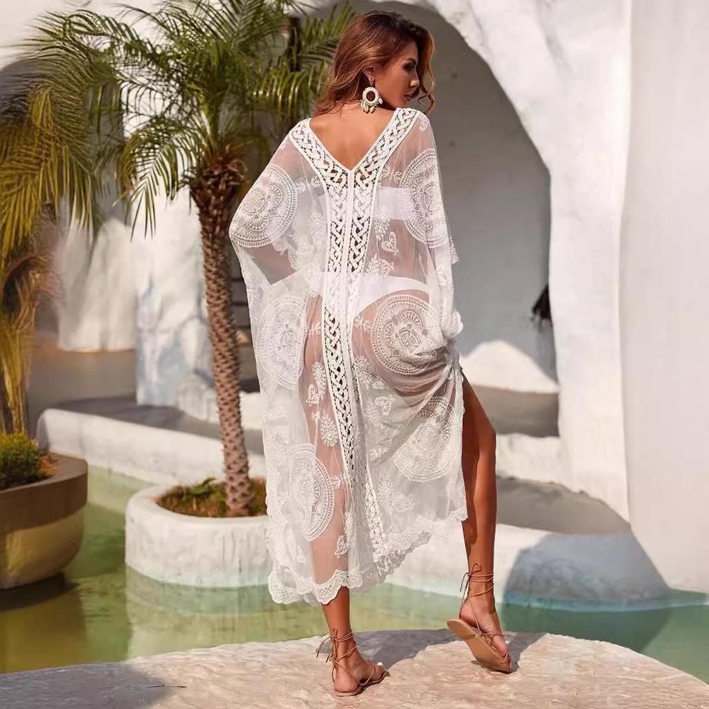European & American Water-Soluble Embroidery Sexy Beach Cover-Up Shirt Dress for Women