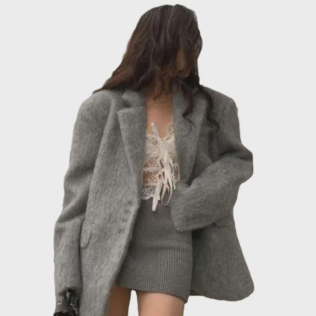 2024 Elegancki Jednorzędowy Pluszowy Damski Płaszcz z Klapami na Wiosnę i Jesień
