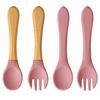 Color Kids 4PCS Silicone Baby Feeding Spoon Fork Set BPA Free Wood Handle Training Utensils For Infants Newborn Accessories
