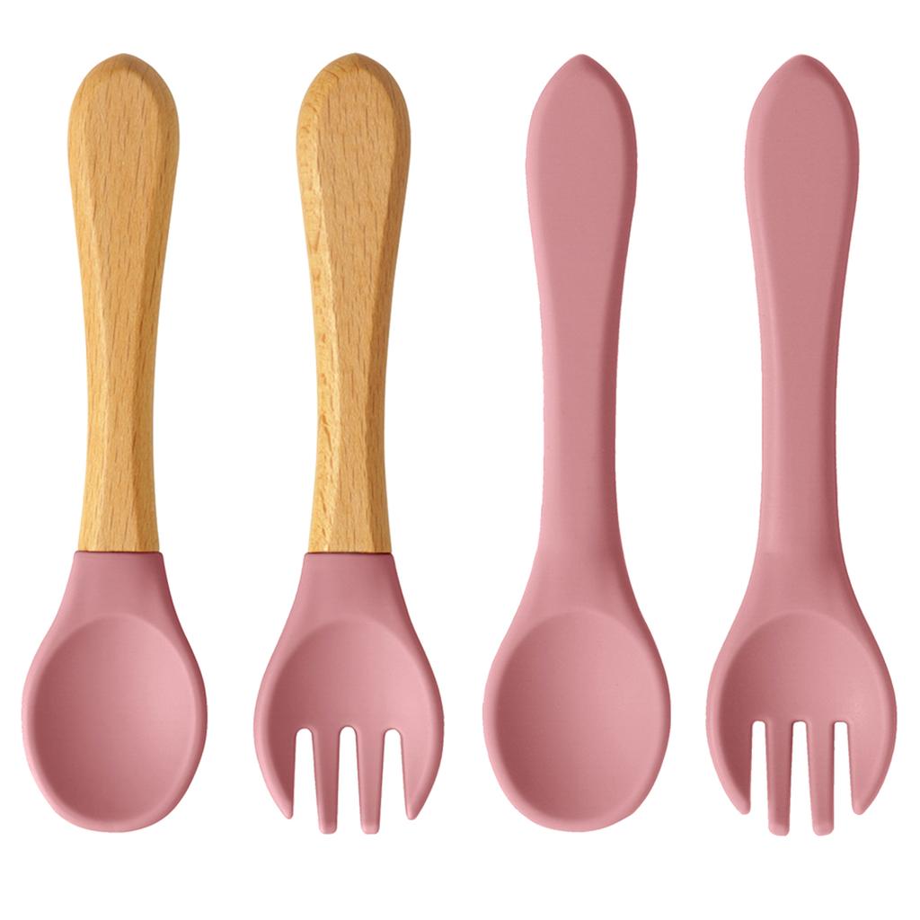 Color Kids 4PCS Silicone Baby Feeding Spoon Fork Set BPA Free Wood Handle Training Utensils For Infants Newborn Accessories