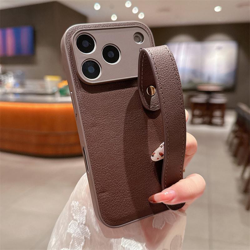 Leather Texture Wristband Holder Phone Case for iPhone 17 Air 16E 15 14 Plus 13 12 11 Pro Max Plain Color Matte Shockproof Cover