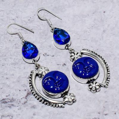 Natural Blue Face, Blue Topaz Gemstone 925 Sterling Silver Earring 2.88" Q3t76