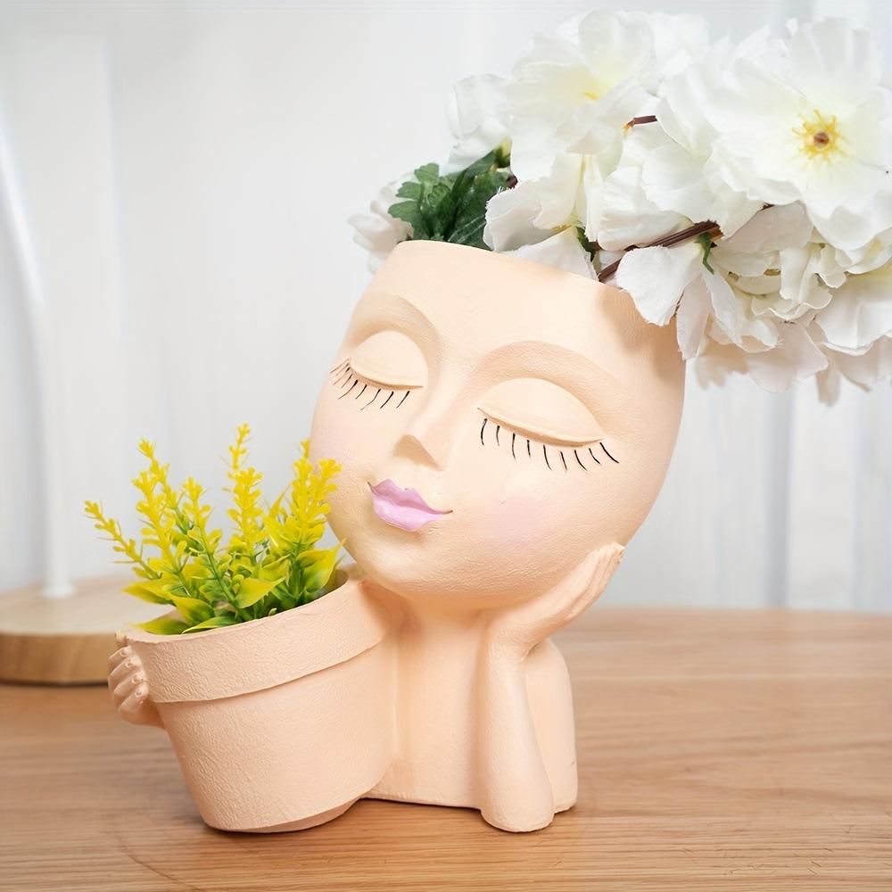 Face Planter Pot - Double Flower Pots in One for Indoor Outdoor Plants Resin Head Planter with Drainage Hole Cute Lady Face
