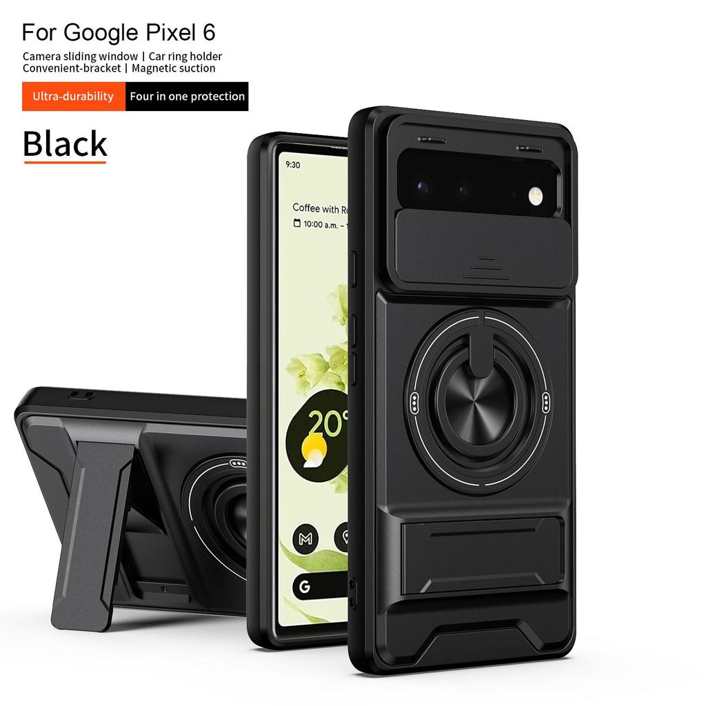 Slide Camera Cover Compatible for Google Pixel 6 Case With Built-in Ring Stand and Folding Stand