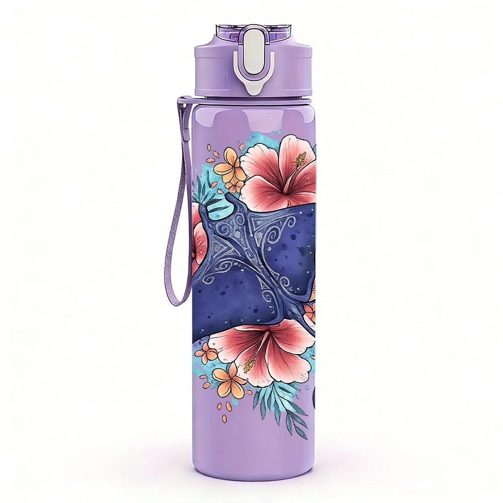 1PC Blue Butterfly Flower Art Print 750ml Color Plastic Sports Water Bottle Leakproof Flip Straw Lid Suitable for Sports Office Home Use