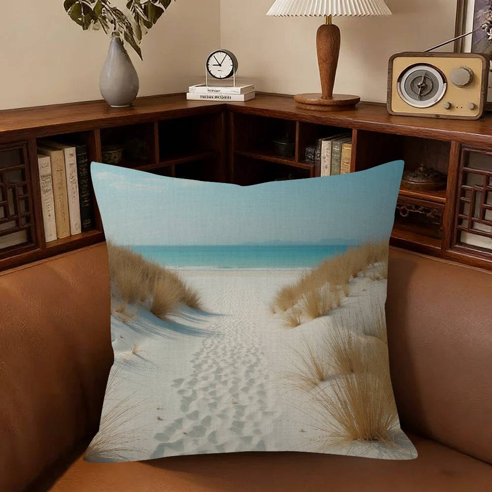 Serene Seaside Scenes Pillow Covers Cartoon Sofa Decorative Home Double-sided Printing Short Plush Cute Cushion Cover