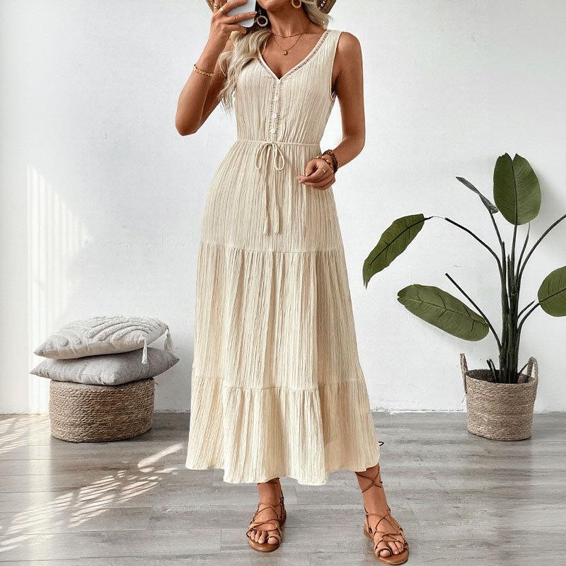 

Casual vacation skirt summer new European and American texture sleeveless seaside dress S абрикосовый