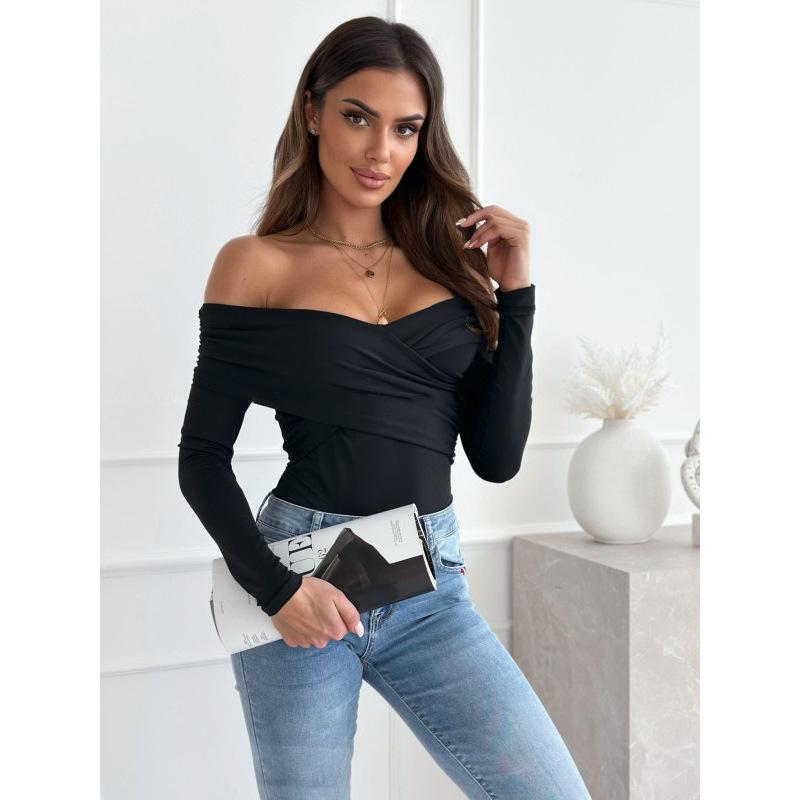 Tooxika 2024 Autumn And Winter New Women's Solid Color Tops Sexy Off-shoulder Slim Fit Long-sleeved T-shirt