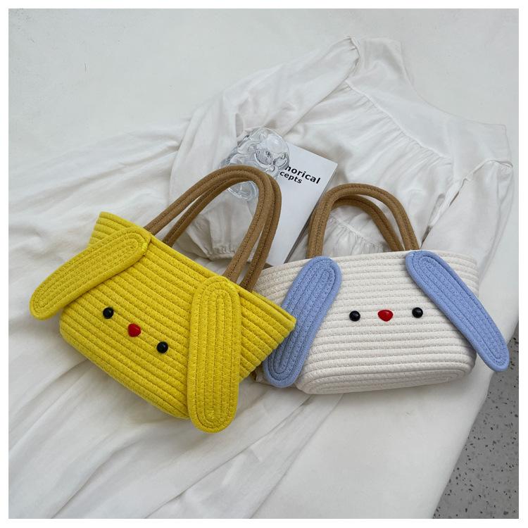 Cartoon Shape Cotton Rope Woven Handbag Cute Cotton Rope Woven Bag Daily Travel Cartoon Cotton Rope Bag Tote Bag
